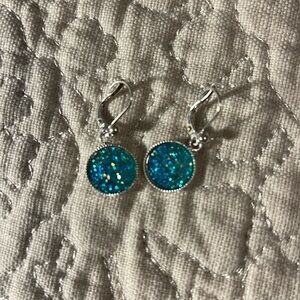 Cabochon Round Costume Bluish-Greenish Dangle Pierced Earrings